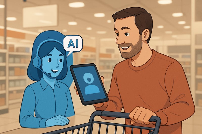 Asistente virtual de inteligencia artificial ayudando a un cliente en una tienda de retail Asistente virtual de inteligencia artificial ayudando a un cliente en una tienda de retail