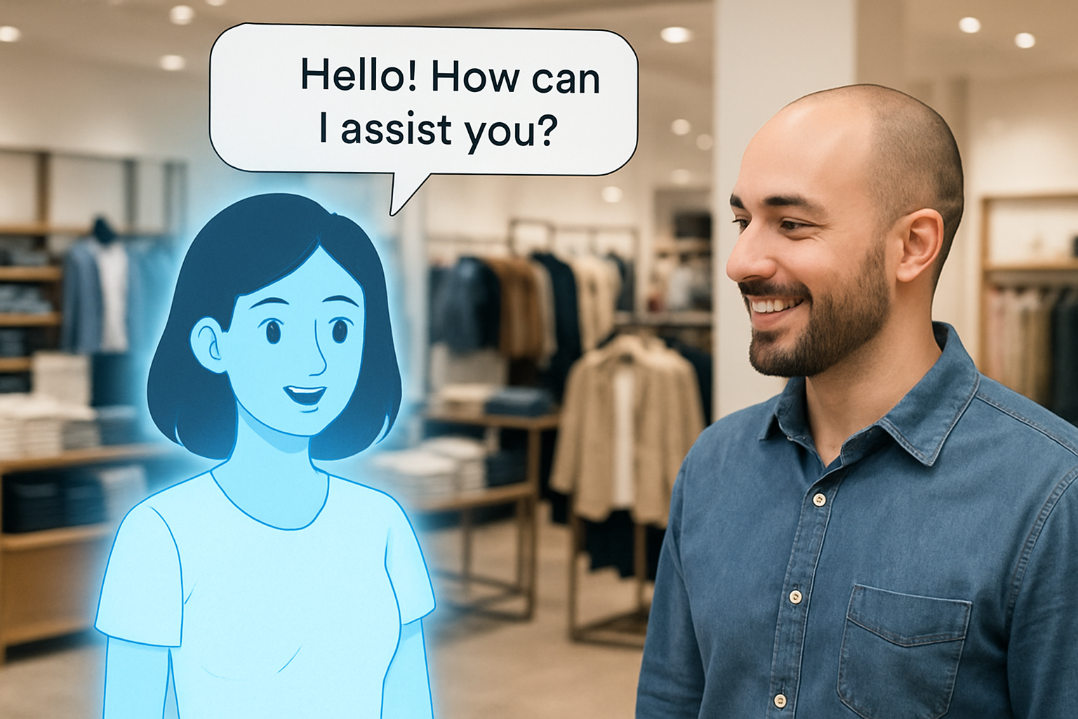 Asistente virtual conversando con cliente en una tienda de retail