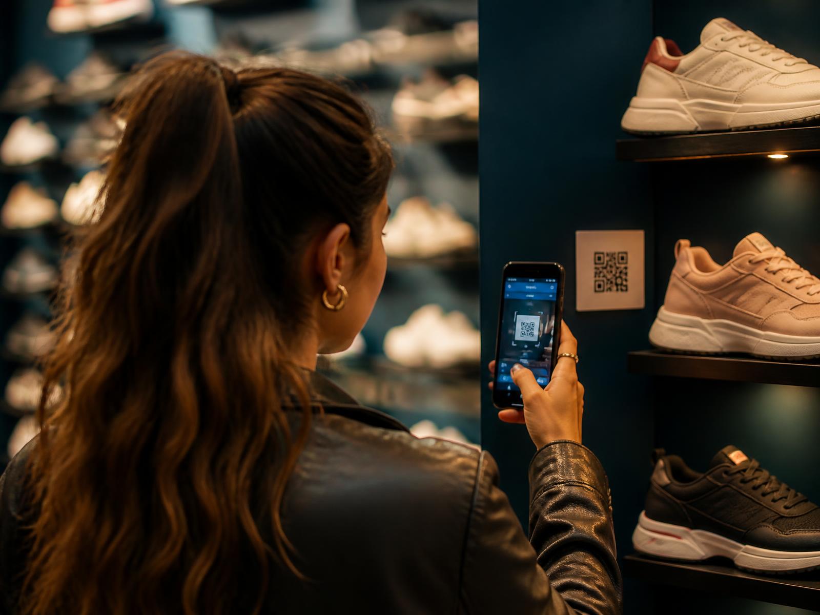 Compradora escaneando un código QR en la góndola con su celular