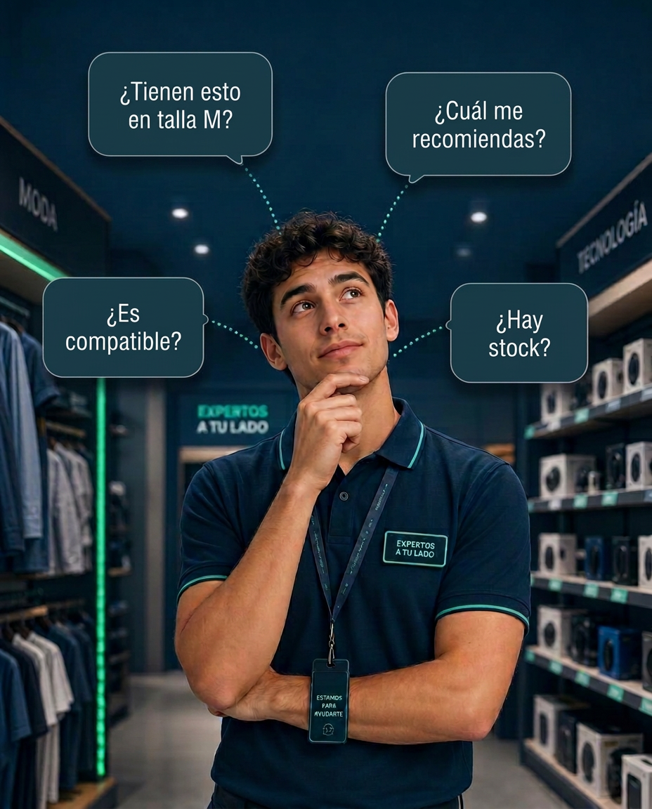Vendedor de retail rodeado de preguntas de clientes conectadas a su cabeza